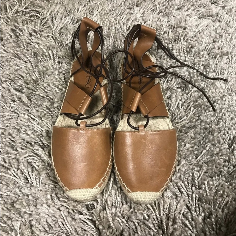 New Jimmy Choo tan brown lace duo sandals flats